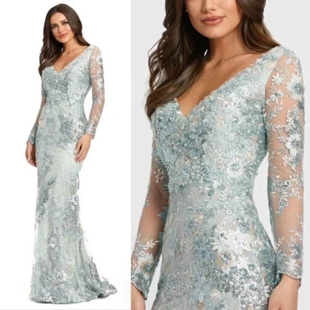 Mac Duggal V Neck Illusion Long Sleeve Embellished Evening Gown Green Size 16